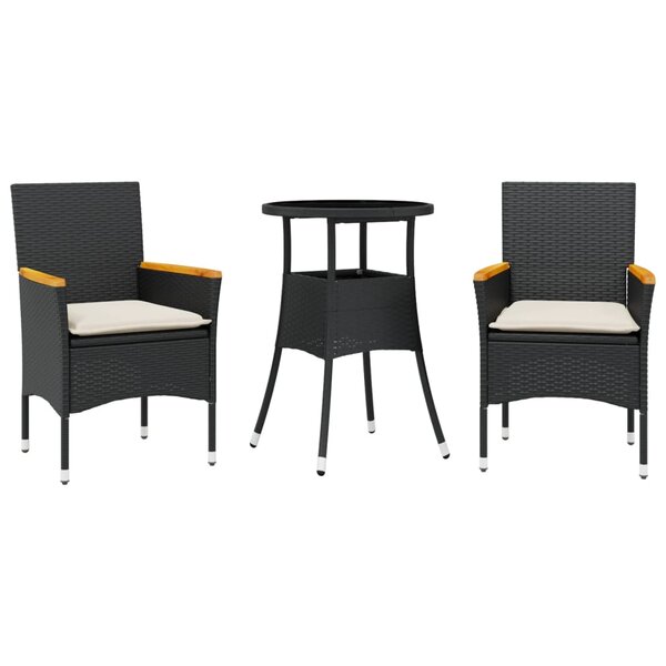 vidaXL Ensemble à manger de jardin et coussins 3 Pièces noir rotin verre