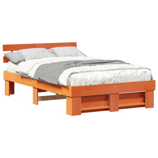 vidaXL Cadre de lit avec tête de lit Brun cire 135 x 190 cm Pin massif