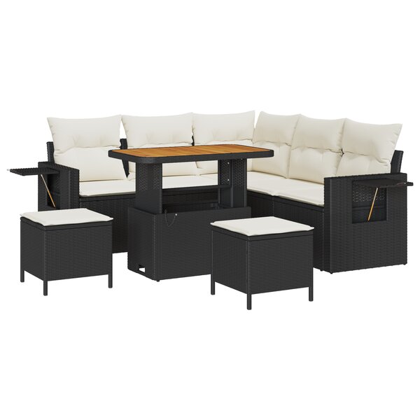 Set de Canapés de Jardin 8 Pièces avec Coussins Noir Rotin Poly Acacia
