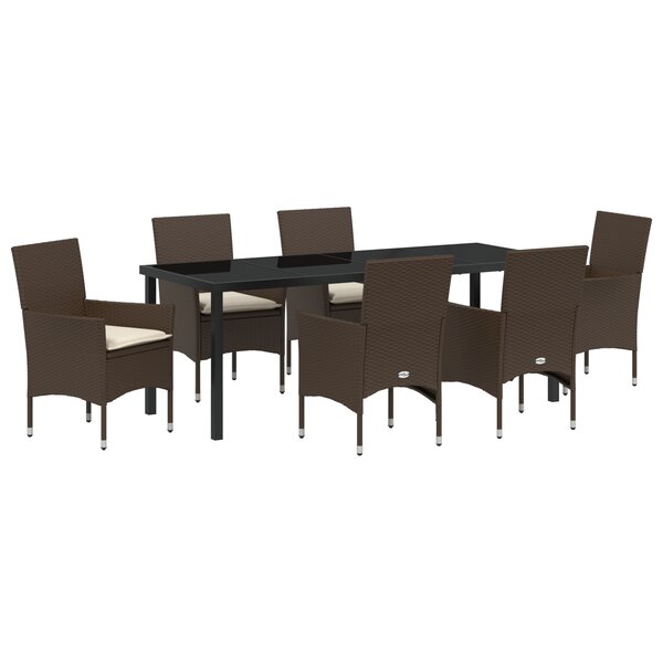 Ensemble de salle à manger de jardin 7 pièces avec coussins en poly rotin marron