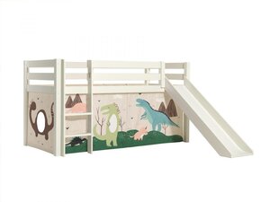 PINO Lit mezzanine avec toboggan + Rideau pour lit en 4 parties Dino