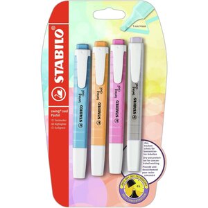 Blister 4 surligneurs STABILO swing cool Pastel - abricot + bleu + mauve + gris x 10 STABILO