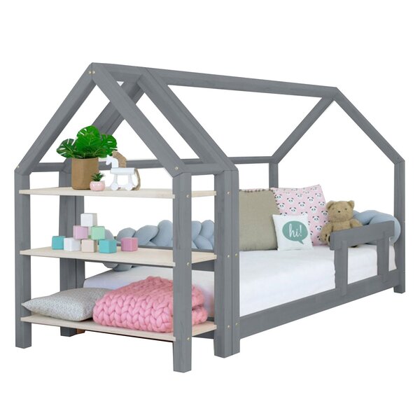 Lit cabane avec étagère 90 x 200 gris et naturel