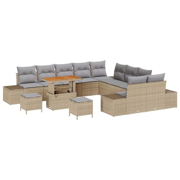 Ensemble de Canapé de Jardin de 13 Pièces Avec Coussins Beige Poly Rattan Acacia