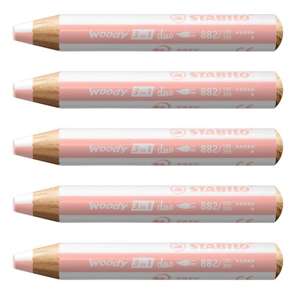 Crayon multi-talents woody 3 in 1 duo blanc-abricot x 5 STABILO