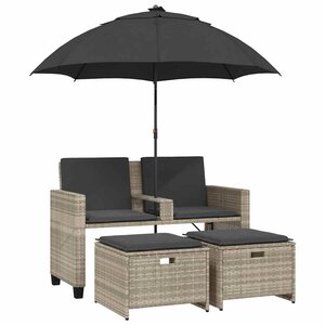 vidaXL Canapé de jardin 2 places et parasol tabourets gris clair rotin