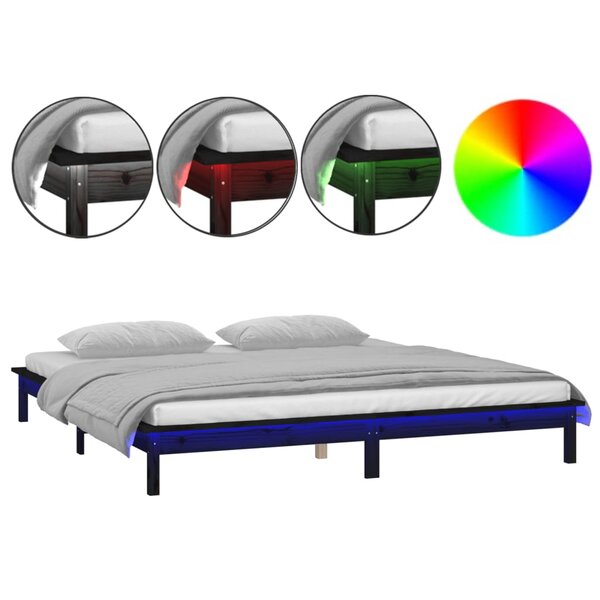vidaXL Cadre de lit à LED sans matelas noir 140x190 cm bois massif