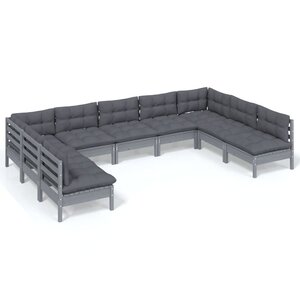 vidaXL Salon de jardin 9 Pièces avec coussins Gris Bois de pin massif