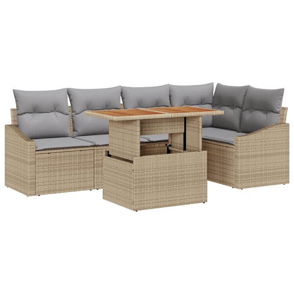 vidaXL Ensemble de salle à manger de jardin 6 pièces avec coussins Beige Poly Rotin Acacia