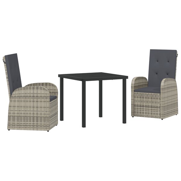 Ensemble de salle à manger de jardin 3 pièces avec coussins gris en poly rotin
