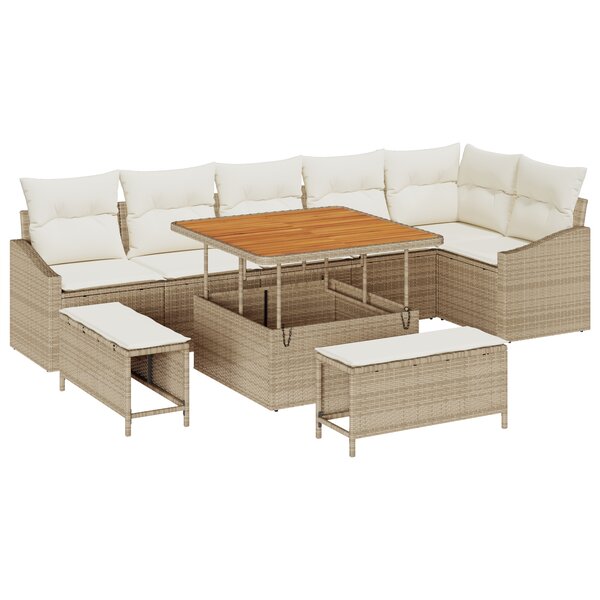 Ensemble de canapés de jardin 9 pièces avec coussins Beige Poly Rotin Acacia