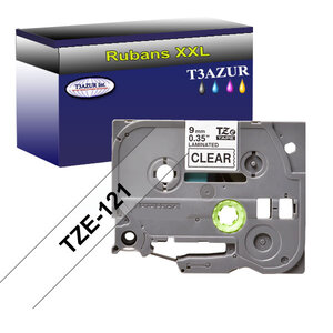 Ruban d'étiquettes laminées générique Brother Tze-121 pour étiqueteuses P-touch - Texte noir sur fond transparent - Largeur 9 mm x 8 mètres - T3AZUR