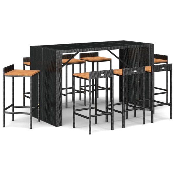 vidaXL Ensemble de bar jardin 9 Pièces noir poly rotin/bois massif acacia