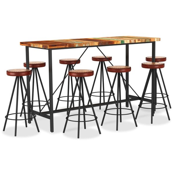 vidaXL Ensemble de bar 9 Pièces Bois de récupération et cuir véritable