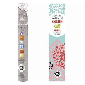 Encens indien Benjoin 20 bâtonnets + encens ayurvédique 14 bâtonnets