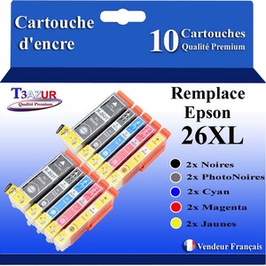 T3AZUR - 10 Cartouches Compatibles avec Epson XP620  XP625  XP700  XP710  XP720  XP800  XP810  XP820 remplace Epson T26XL