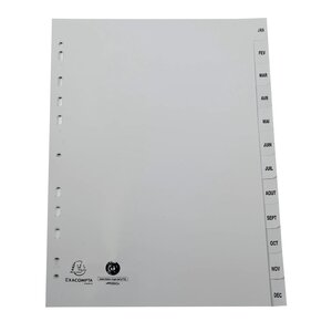 Intercalaires Imprimés Mensuels Pp Recyclé Gris Janvier-décembre - 12 Positions - A4 - Gris - X 10 - Exacompta