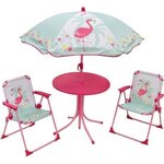 Salon de jardin avec une table FLAMANT ROSE 2 chaises pliables et un parasol pour enfant
