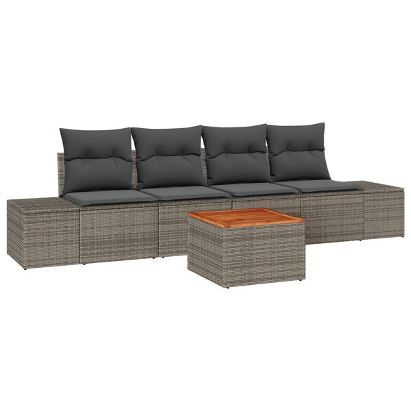 vidaXL Set de Canapé de Jardin 5 Pièces avec Coussins Gris Poly Rattan Acacia