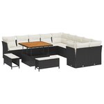 Ensemble de Canapés de Jardin 13 Pièces avec Coussins Noir Rattan Poly Acacia