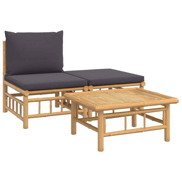vidaXL Salon de jardin 3 Pièces avec coussins gris foncé bambou