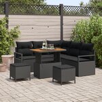Canapé de Jardin 8 Pièces avec Coussins Noir Poly Rattan Acacia