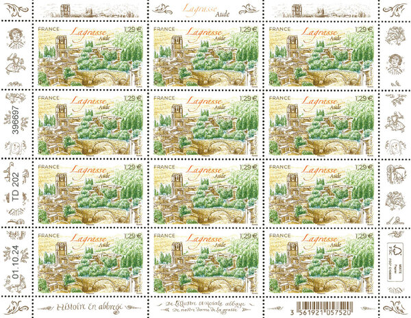 Feuille de 12 timbres - Lagrasse - Lettre verte