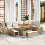 vidaXL Ensemble de canapé de jardin 9 pièces avec coussins beige poly rattan acacia