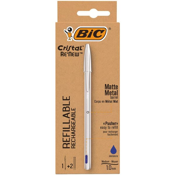 Stylo à bille Métal Cristal RE'NEW Avec 2 Recharges Bleu BIC