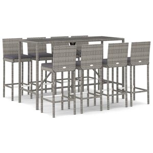 vidaXL Ensemble de bar de jardin 9 Pièces avec coussins gris poly rotin