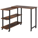 Bureau d'angle à roulettes pour ordinateur bureau en forme L avec 3 etagères cadre en métal café 20_0004828