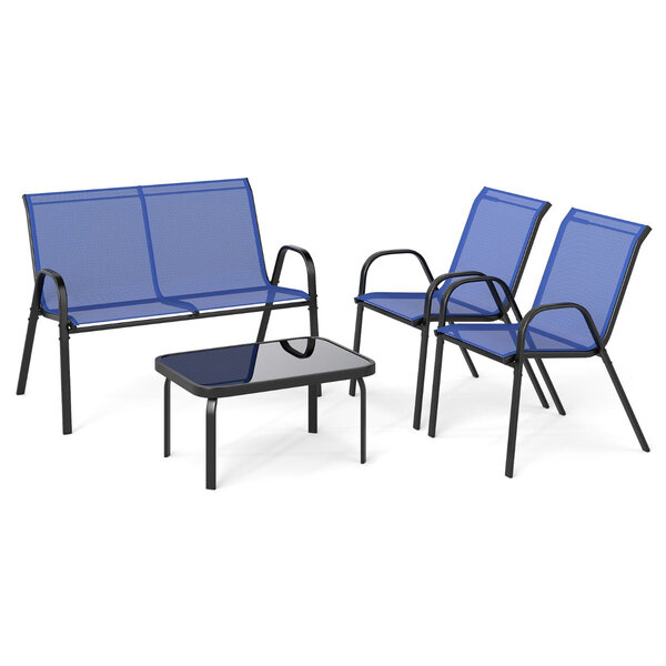 Ensemble salon de jardin lot de 4 pièces 68 x 112 x 83 cm 2 fauteuils empilables confortable style chic en métal bleu 20_0011976