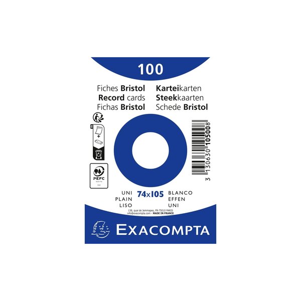 Paquet 100 Fiches Sous Film - Bristol Uni Non Perforé 74x105mm - Blanc - X 40 - Exacompta