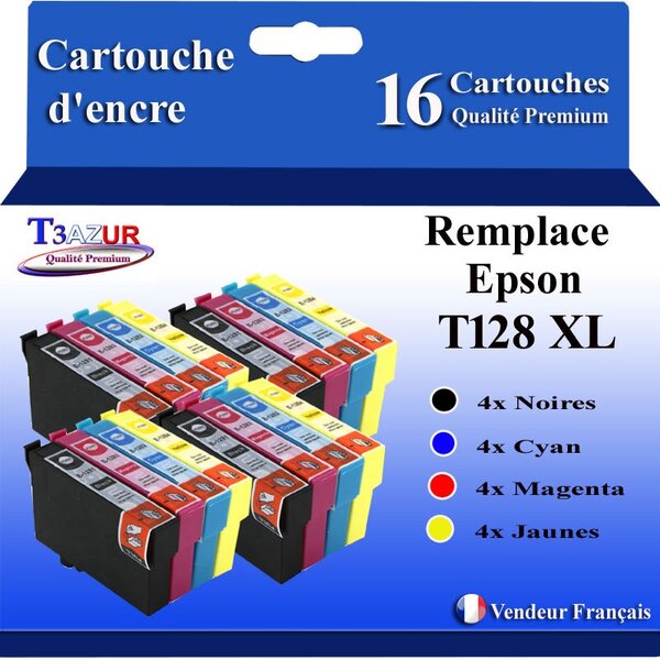 T3AZUR- 16x Cartouches Compatibles avec Epson T1281 T1282 T1282 T1284 remplace Epson Stylus Office S22 SX125 SX130 SX230 SX235W