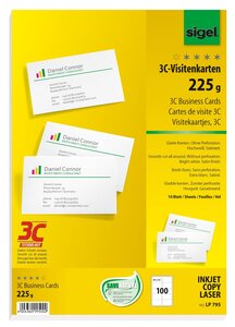 Cartes de visite 3C, 85 x 55 mm, 225 g/m2, extra blanc, 100 sur 10f SIGEL