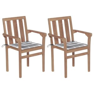vidaXL Chaises de jardin lot de 2 avec coussins à carreaux gris Teck