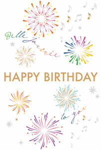 69-3113 Carte Happy Birthday to you Belle Journée Feu d'Artifice peint à l'Aquarelle Notes de Musique - Finitions Dorure Or Doré + Gaufrage en Relief +1 Enveloppe Format 12x17cm - Fabriqué en Europe