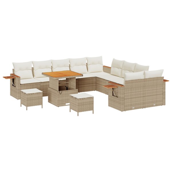 Ensemble de Canapé de Jardin de 13 Pièces avec Coussins Beige Poly Rattan Acacia
