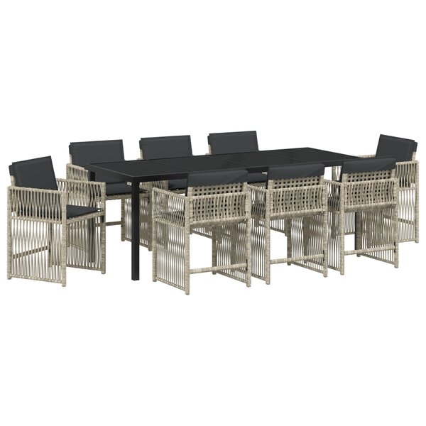 Ensemble de salle à manger de jardin de 9 pièces avec coussins gris clair en poly rotin