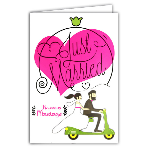 Carte FLUO Félicitations MARIAGE Just Married Scooter Avec Enveloppe 12x17,5cm