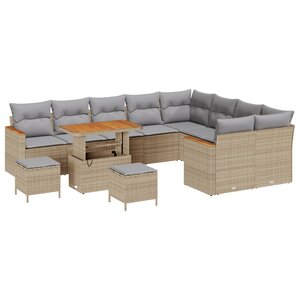 Ensemble de canapé de jardin 12 pièces avec coussins beige rotin poly acacia
