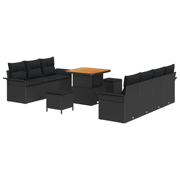 vidaXL Ensemble de canapés de jardin 10 pièces avec coussins en rotin poly noir et en acacia.