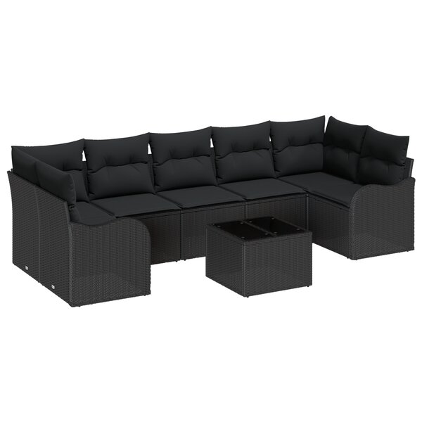 Set de canapés de jardin 8 pièces avec coussins en poly rattan noir