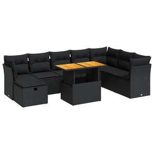 vidaXL Salon de jardin avec coussins 9 Pièces noir résine tressée acacia