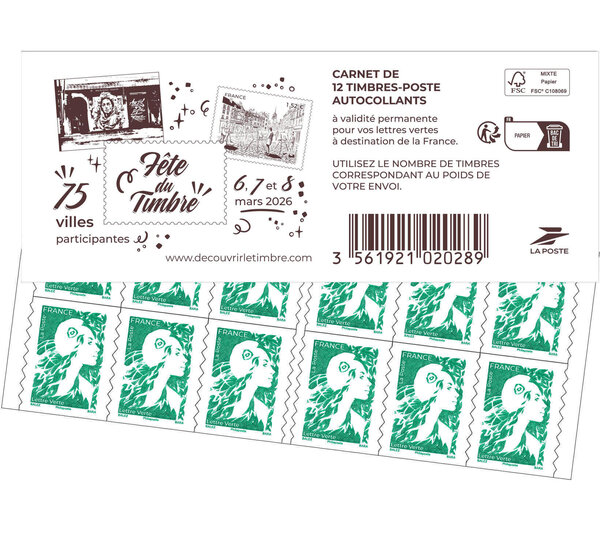 Carnet 12 timbres Marianne de l'avenir - Lettre Verte - Fête du timbre