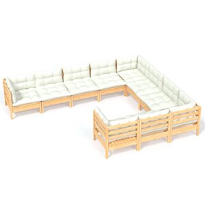 vidaXL Salon de jardin 10 Pièces avec coussins crème Bois de pin