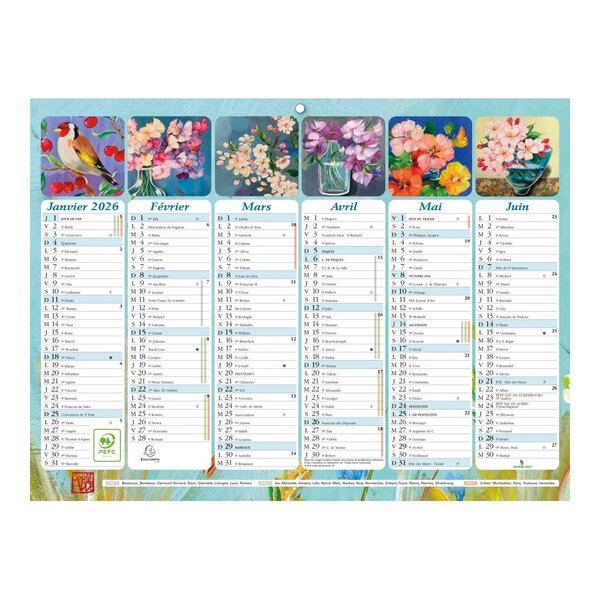 Calendrier Mural 2026 - 22 x 29.5 cm - Fleurs et Oiseaux