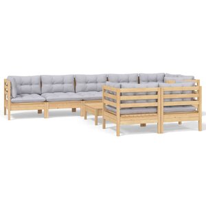 vidaXL Salon de jardin 9 Pièces avec coussins gris bois de pin massif