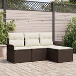 Ensemble de canapé de jardin 4 pièces avec coussins marron en rotin poly