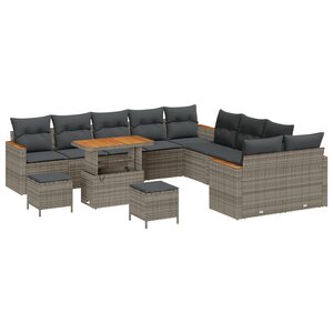 vidaXL Canapé de Jardin 13 Pièces avec Coussins Gris Poly Rattan Acacia